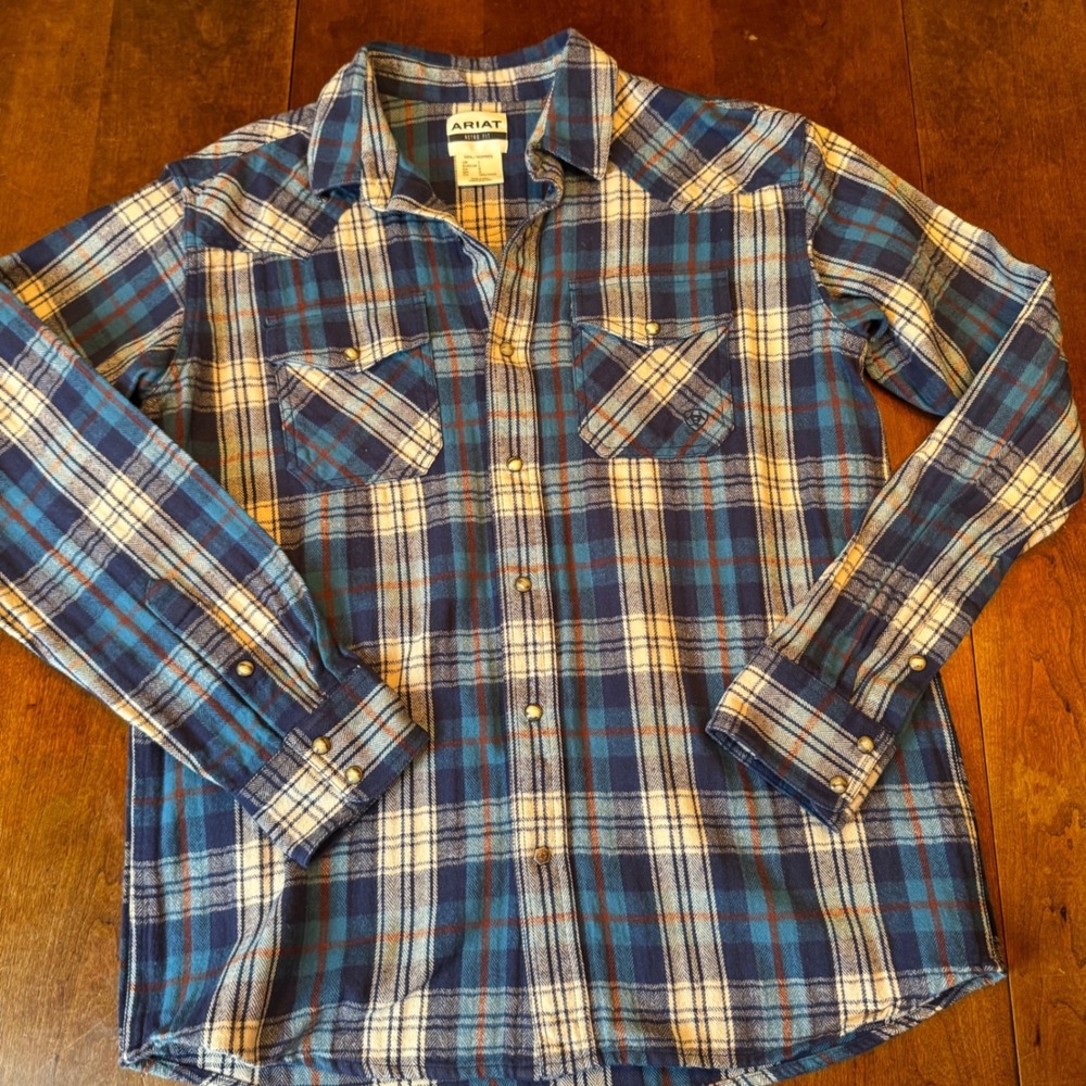 Ariat Shirt Mens L Blue Plaid Retro Fit Western Snap LS Flannel Cotton Cowboy